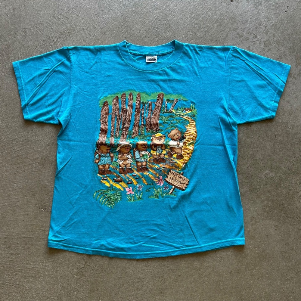 Vintage 90s Hiking Bears Shirt Size XL Blue Nature Camping Outdoor Basic Edition